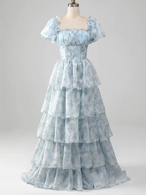 Dusty Blue Floral Organza Tiered Square-Neck Zipper-Back Floor-Length Dress - Aabei Dress