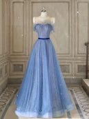 Dusty Blue Glitter Tulle A-Line Illusion Neck Illusion Back Floor-Length Dress Front View - Aabei Dress