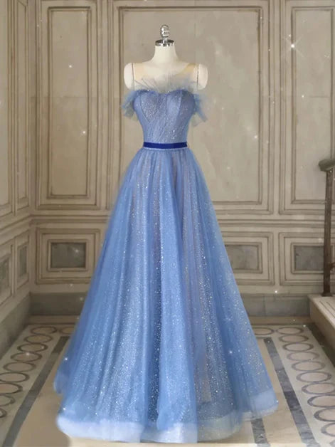Dusty Blue Glitter Tulle A-Line Illusion Neck Illusion Back Floor-Length Dress Front View - Aabei Dress