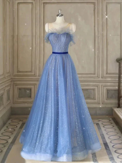 Dusty Blue Glitter Tulle A-Line Illusion Neck Illusion Back Floor-Length Dress Front View - Aabei Dress