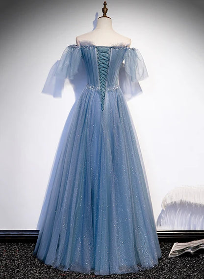 Dusty Blue Glitter Tulle A-Line Off-the-Shoulder Lace-up Floor-Length Dress Back View - Aabei Dress