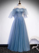 Dusty Blue Glitter Tulle A-Line Off-the-Shoulder Lace-up Floor-Length Dress Front View - Aabei Dress