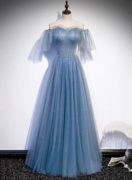 Dusty Blue Glitter Tulle A-Line Off-the-Shoulder Lace-up Floor-Length Dress Front View - Aabei Dress