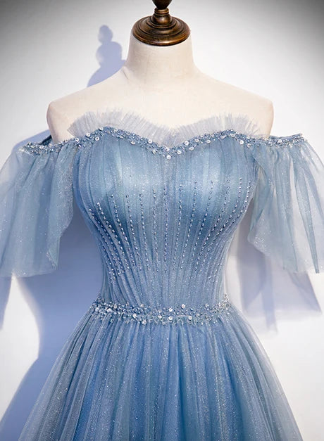 Dusty Blue Glitter Tulle A-Line Off-the-Shoulder Lace-up Floor-Length Dress - Aabei Dress