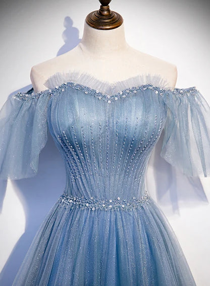 Dusty Blue Glitter Tulle A-Line Off-the-Shoulder Lace-up Floor-Length Dress - Aabei Dress