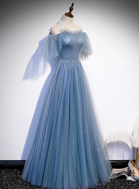 Dusty Blue Glitter Tulle A-Line Off-the-Shoulder Lace-up Floor-Length Dress - Aabei Dress