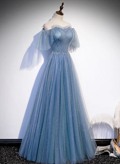 Dusty Blue Glitter Tulle A-Line Off-the-Shoulder Lace-up Floor-Length Dress - Aabei Dress