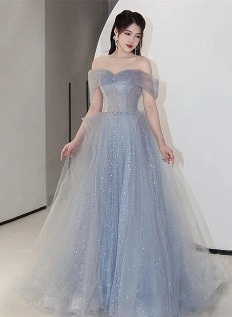Dusty Blue Glitter Tulle A-Line Off The Shoulder Zipper Back Floor-Length Dress Front View - Aabei Dress