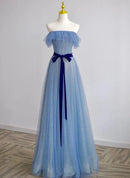 Dusty Blue Glitter Tulle A-Line Off-the-Shoulder Zipper-Back Floor-Length Dress - Aabei Dress