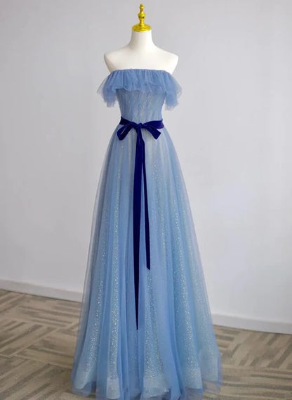 Dusty Blue Glitter Tulle A-Line Off-the-Shoulder Zipper-Back Floor-Length Dress - Aabei Dress