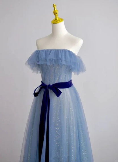 Dusty Blue Glitter Tulle A-Line Off-the-Shoulder Zipper-Back Floor-Length Dress - Aabei Dress