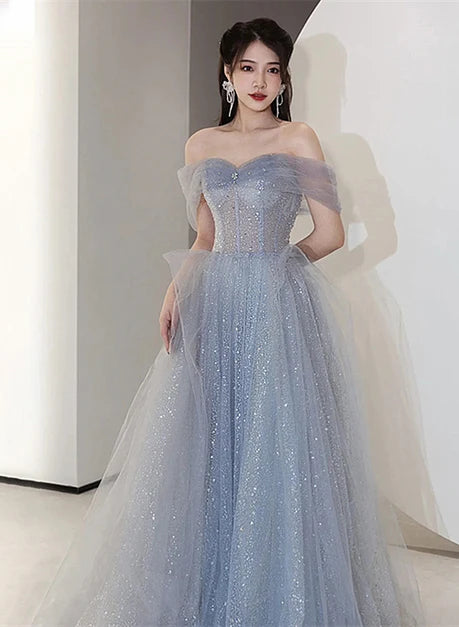 Dusty Blue Glitter Tulle A-Line Off The Shoulder Zipper Back Floor-Length Dress - Aabei Dress