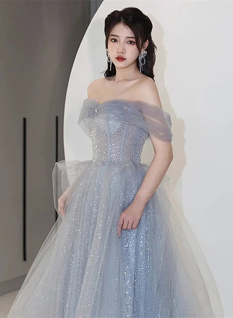 Dusty Blue Glitter Tulle A-Line Off The Shoulder Zipper Back Floor-Length Dress - Aabei Dress