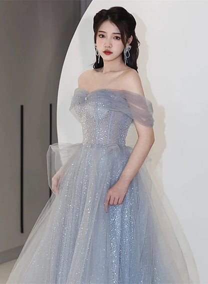 Dusty Blue Glitter Tulle A-Line Off The Shoulder Zipper Back Floor-Length Dress - Aabei Dress