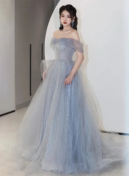 Dusty Blue Glitter Tulle A-Line Off The Shoulder Zipper Back Floor-Length Dress - Aabei Dress