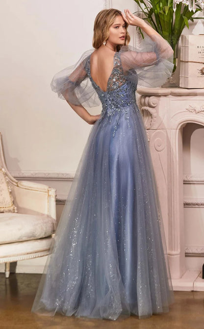 Dusty Blue Glitter Tulle A-Line Plunging V-Neck V-Back Floor-Length Dress Back View - Aabei Dress