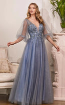 Dusty Blue Glitter Tulle A-Line Plunging V-Neck V-Back Floor-Length Dress Front View - Aabei Dress