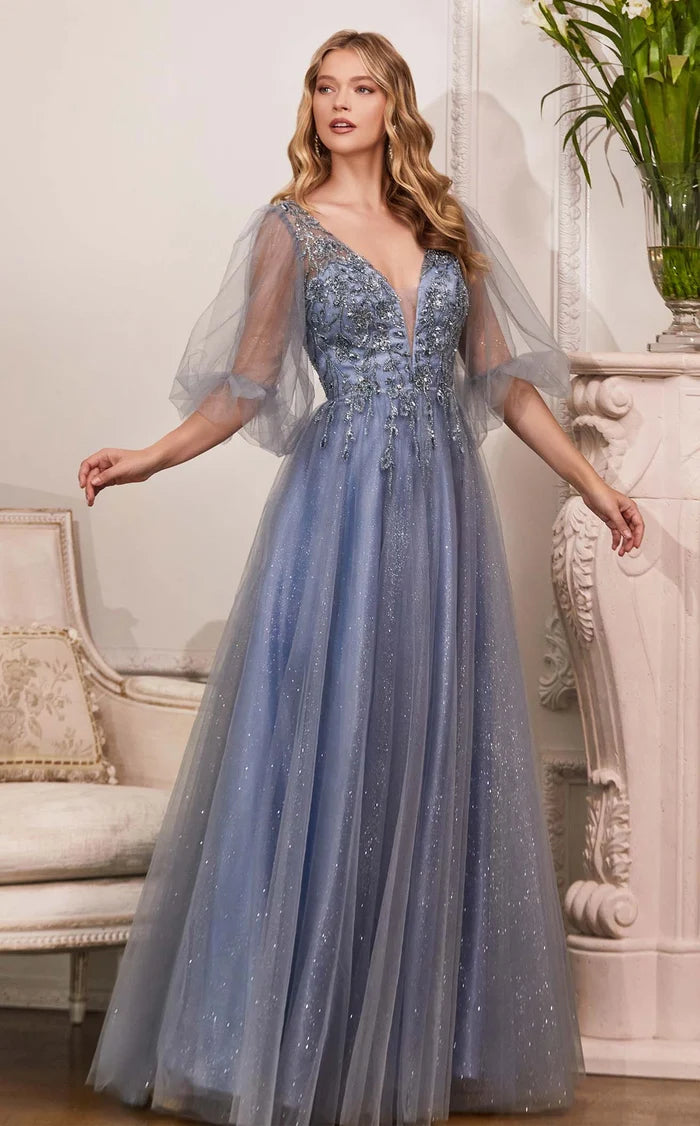 Dusty Blue Glitter Tulle A-Line Plunging V-Neck V-Back Floor-Length Dress Front View - Aabei Dress