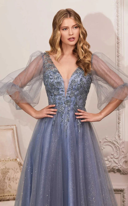 Dusty Blue Glitter Tulle A-Line Plunging V-Neck V-Back Floor-Length Dress - Aabei Dress