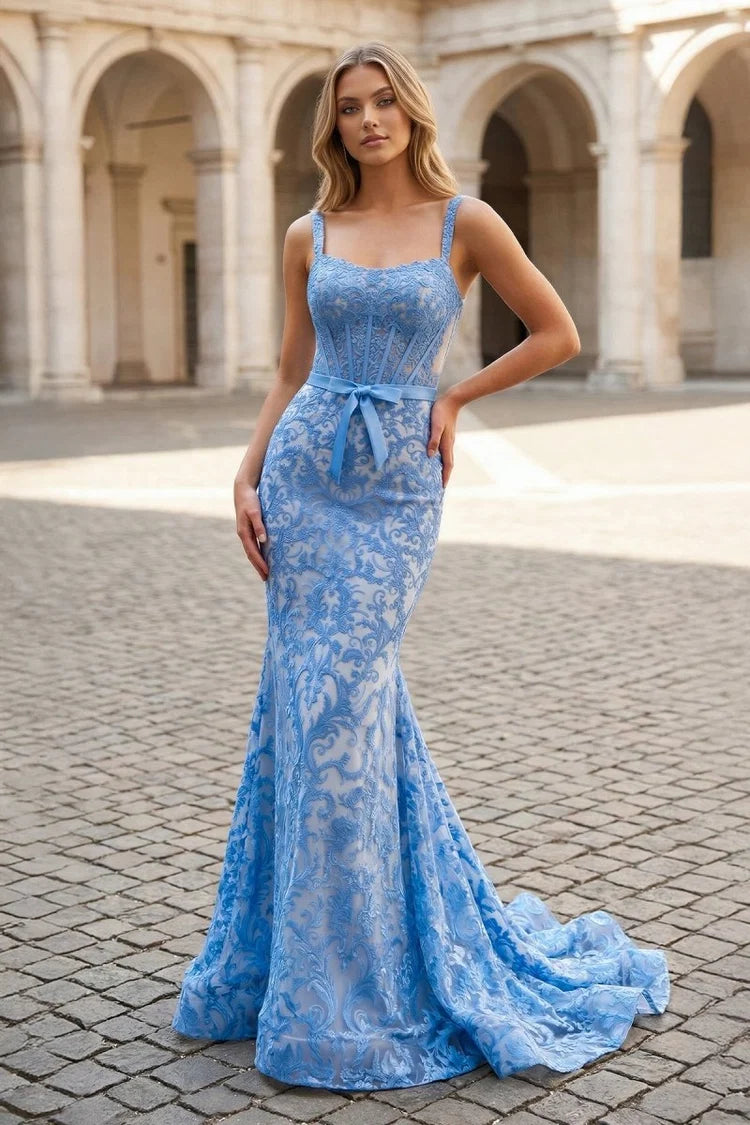 Dusty Blue Lace Mermaid Scoop Neck Low Back Floor-Length Dress Front View - Aabei Dress