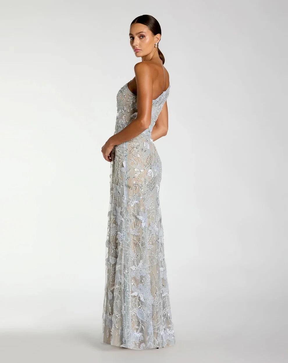 Dusty Blue Lace with 3D Florals and Sequins Sheath Column Floor Length Dress Back View - Aabei Dress
