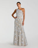 Dusty Blue Lace with 3D Florals and Sequins Sheath Column Floor Length Dress Front View - Aabei Dress