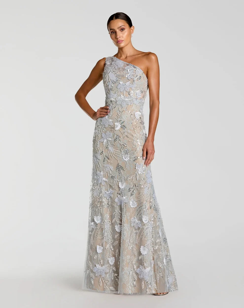 Dusty Blue Lace with 3D Florals and Sequins Sheath Column Floor Length Dress Front View - Aabei Dress