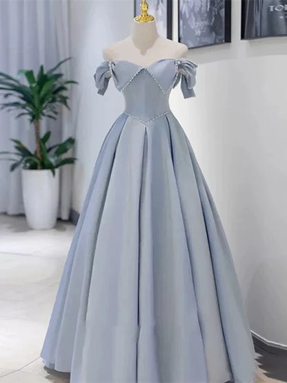 Dusty Blue Satin A-Line Off-the-Shoulder Back Zip Floor-Length Dress - Aabei Dress