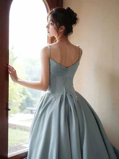Dusty Blue Satin A-Line Scoop Neck Low-Back Floor-Length Dress Back View - Aabei Dress