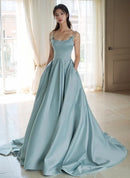 Dusty Blue Satin A-Line Scoop Neck Low-Back Floor-Length Dress Front View - Aabei Dress