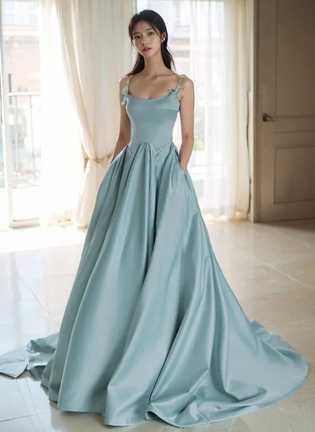 Dusty Blue Satin A-Line Scoop Neck Low-Back Floor-Length Dress Front View - Aabei Dress