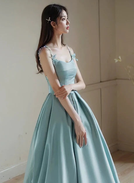Dusty Blue Satin A-Line Scoop Neck Low-Back Floor-Length Dress - Aabei Dress