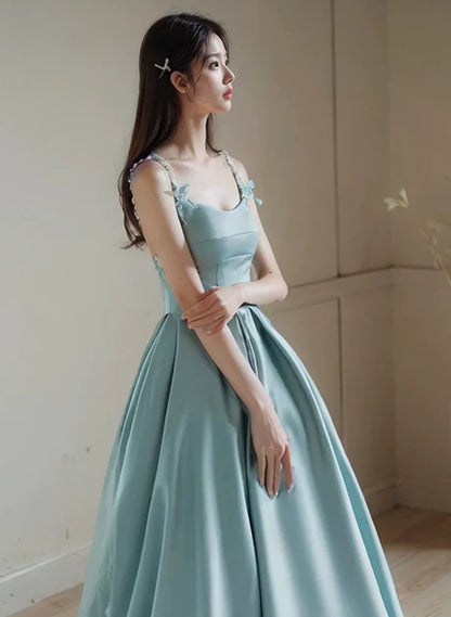 Dusty Blue Satin A-Line Scoop Neck Low-Back Floor-Length Dress - Aabei Dress