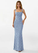 Dusty Blue Sequin Sheath-Column Square Neck Lace-Up Floor-Length Dress Front View - Aabei Dress