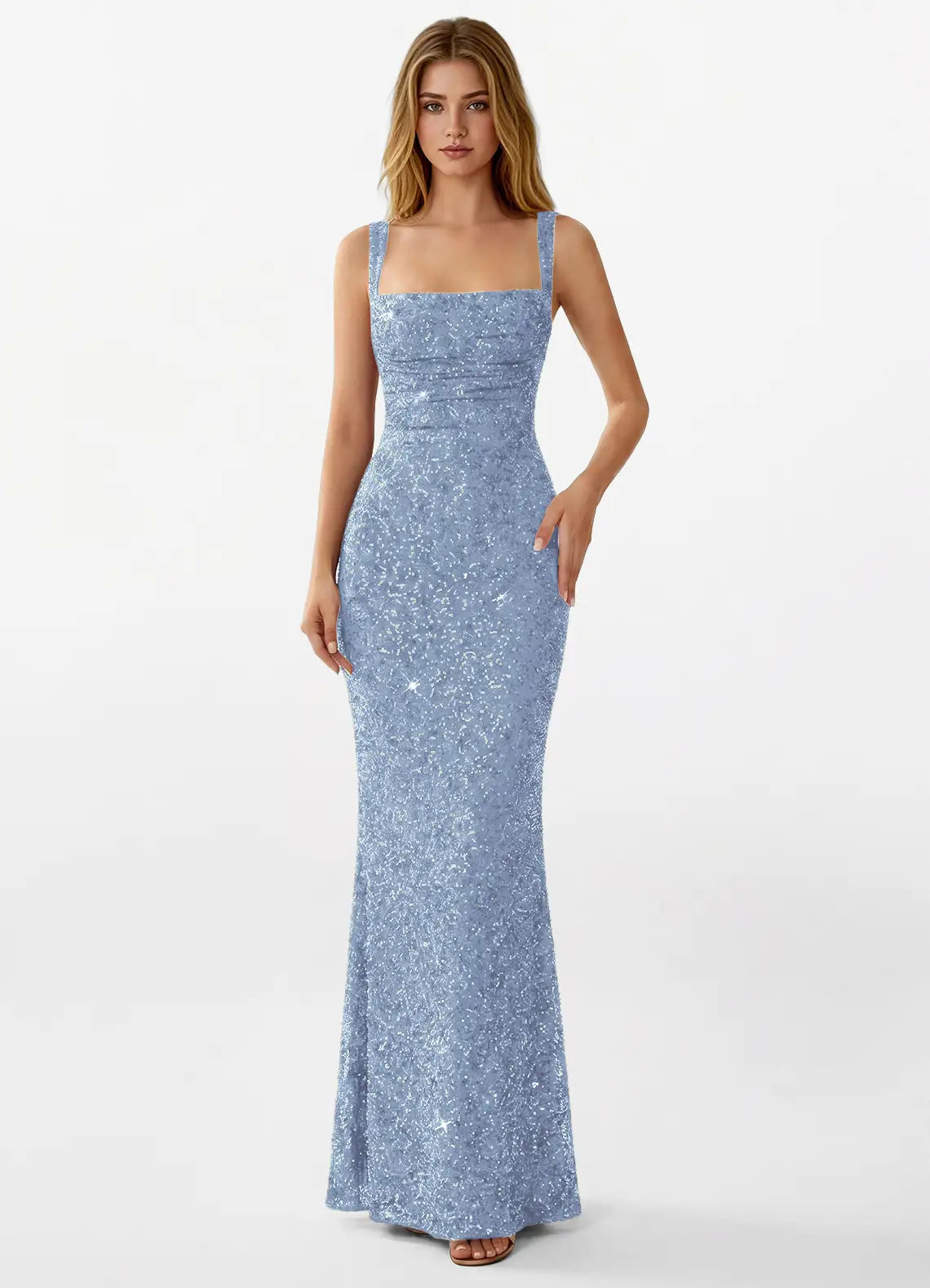 Dusty Blue Sequin Sheath-Column Square Neck Lace-Up Floor-Length Dress Front View - Aabei Dress