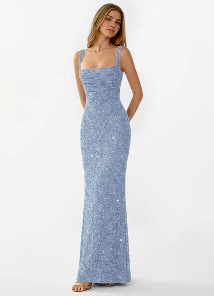 Dusty Blue Sequin Sheath-Column Square Neck Lace-Up Floor-Length Dress - Aabei Dress
