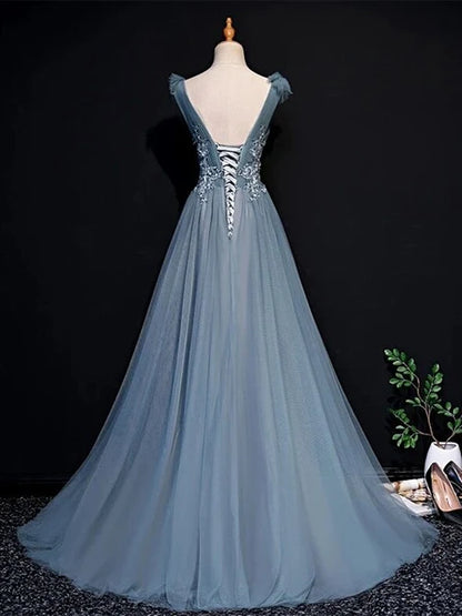 Dusty Blue Tulle A-Line V-Neck Lace Up Back Floor-Length Dress Back View - Aabei Dress