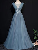 Dusty Blue Tulle A-Line V-Neck Lace Up Back Floor-Length Dress Front View - Aabei Dress