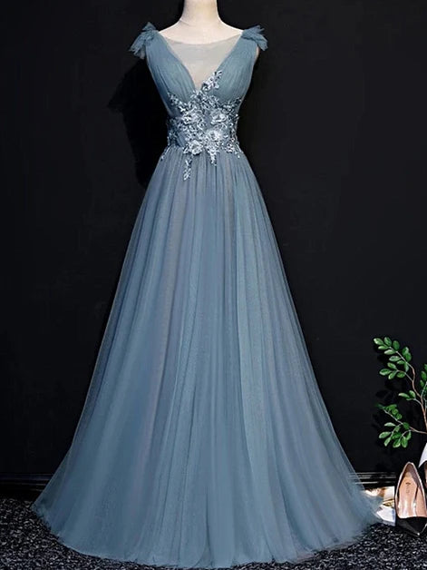 Dusty Blue Tulle A-Line V-Neck Lace Up Back Floor-Length Dress Front View - Aabei Dress
