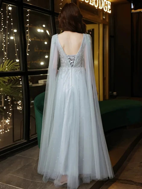 Dusty Blue Tulle A-Line V-Neck Lace-up Floor-Length Dress Back View - Aabei Dress