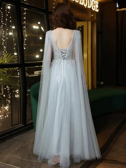 Dusty Blue Tulle A-Line V-Neck Lace-up Floor-Length Dress Back View - Aabei Dress