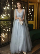 Dusty Blue Tulle A-Line V-Neck Lace-up Floor-Length Dress Front View - Aabei Dress