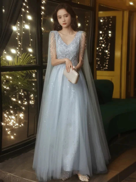 Dusty Blue Tulle A-Line V-Neck Lace-up Floor-Length Dress Front View - Aabei Dress