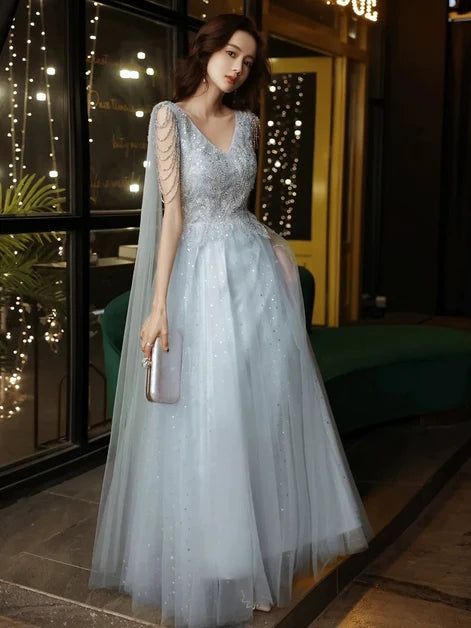 Dusty Blue Tulle A-Line V-Neck Lace-up Floor-Length Dress - Aabei Dress