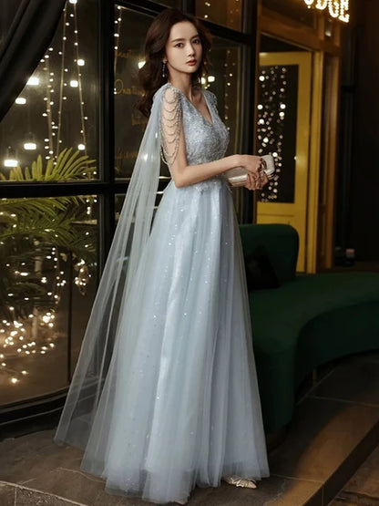 Dusty Blue Tulle A-Line V-Neck Lace-up Floor-Length Dress - Aabei Dress