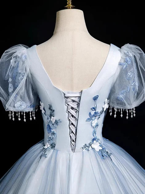 Dusty Blue Tulle ball-gown scoop-neck lace-up-back floor-length Dress Back View - Aabei Dress