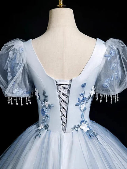 Dusty Blue Tulle ball-gown scoop-neck lace-up-back floor-length Dress Back View - Aabei Dress