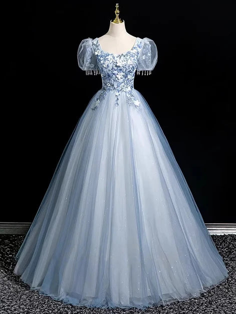 Dusty Blue Tulle ball-gown scoop-neck lace-up-back floor-length Dress Front View - Aabei Dress