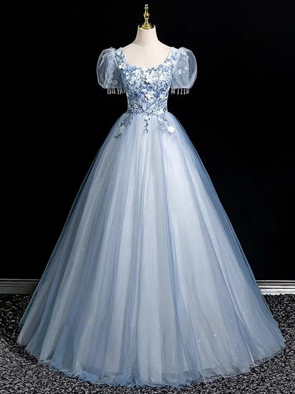 Dusty Blue Tulle ball-gown scoop-neck lace-up-back floor-length Dress Front View - Aabei Dress