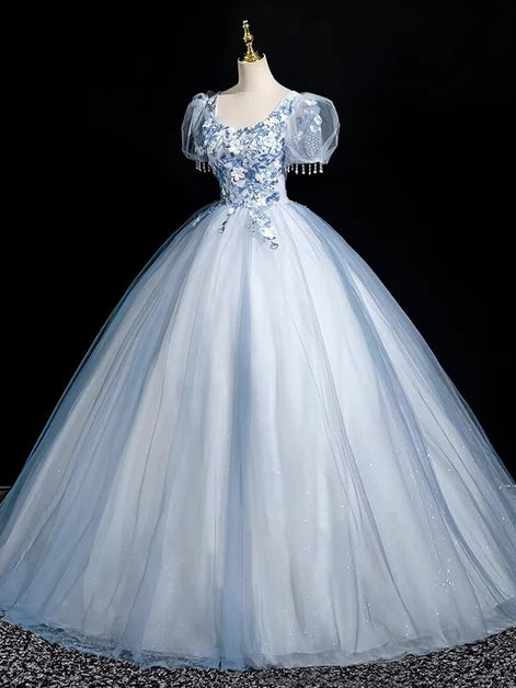 Dusty Blue Tulle ball-gown scoop-neck lace-up-back floor-length Dress - Aabei Dress